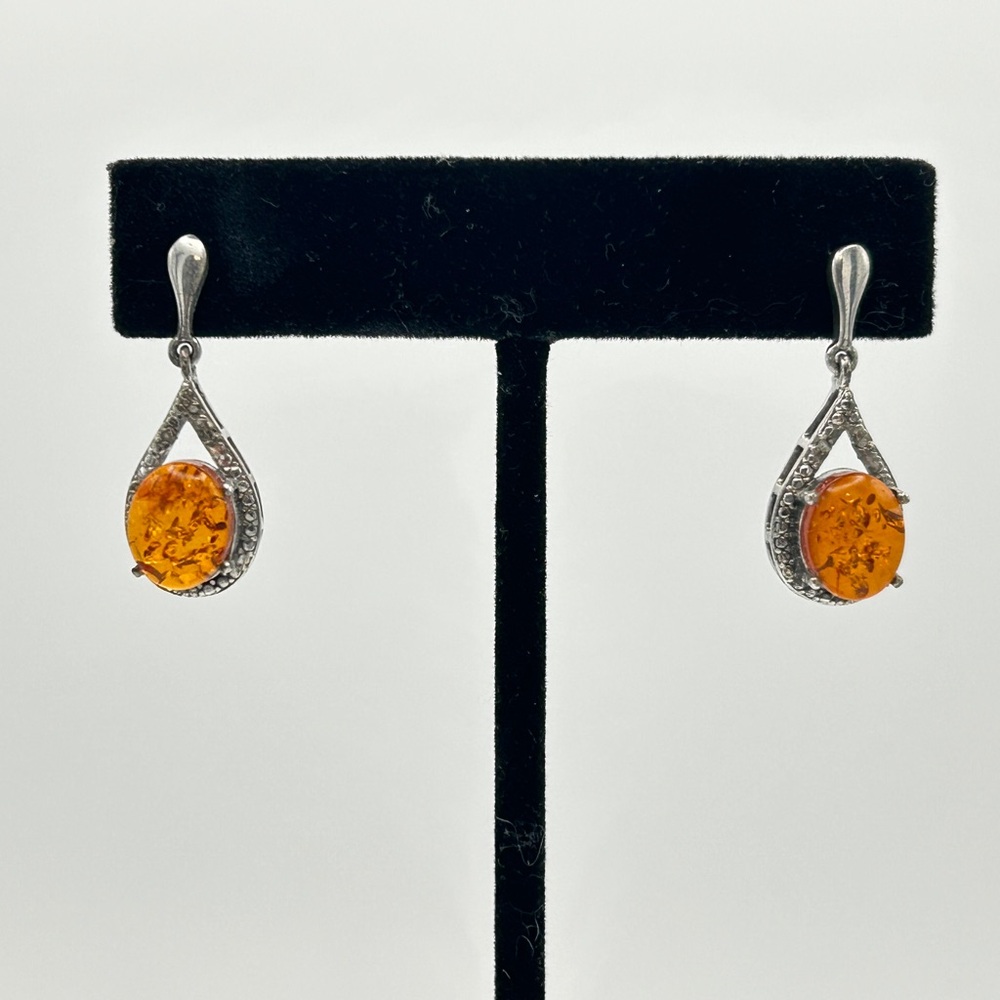 Genuine Baltic Amber Earrings; 925 Sterling Silver